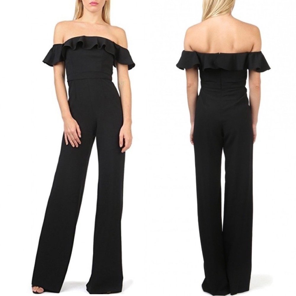 JAY GODFREY 70s Ruffled Black Crepe Off‎ Shoulder High Waist Wide Leg Jumpsuit 0